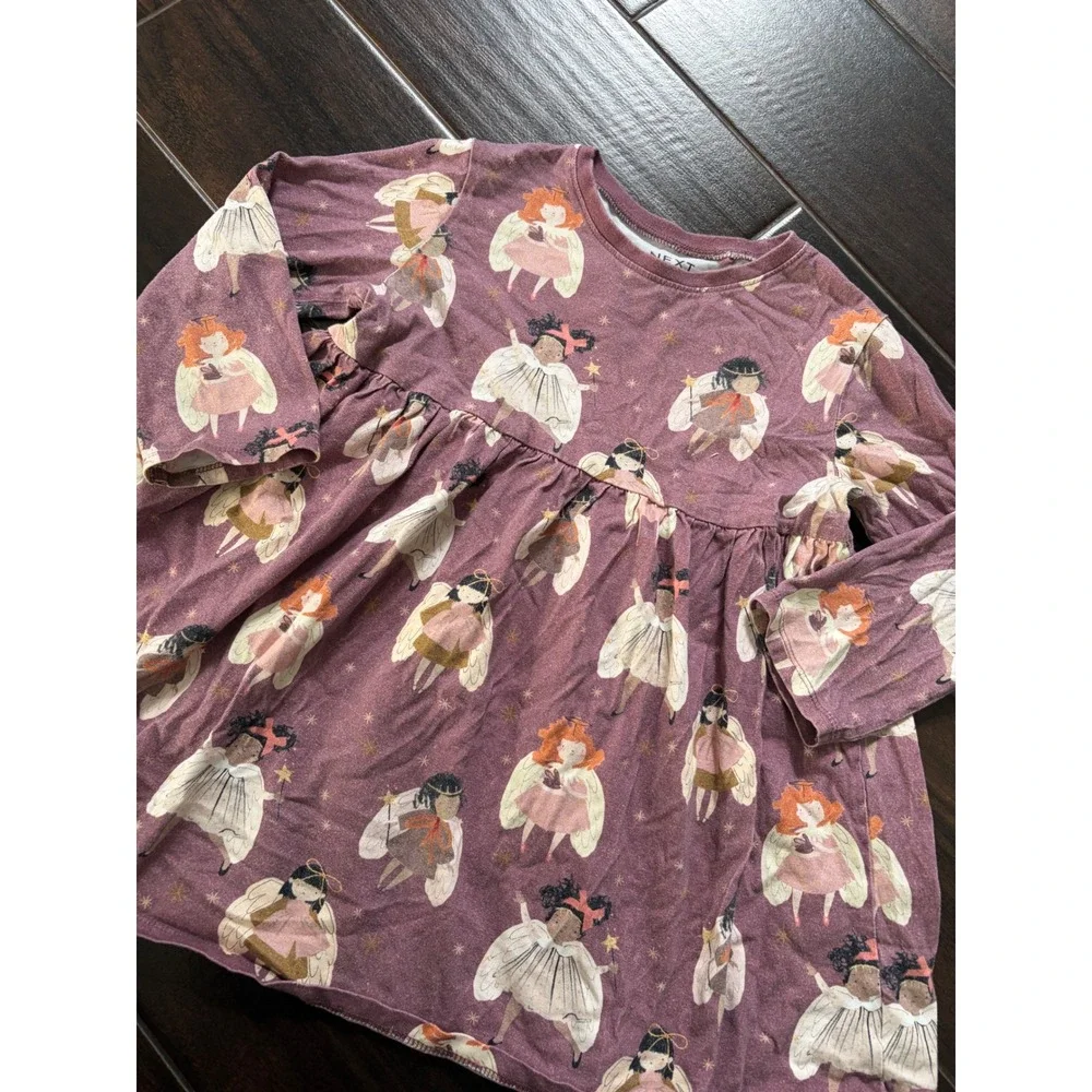 Next Girls Purple Angel Fairy Print Cotton Long Sleeve Jersey Dress 4-5 Years